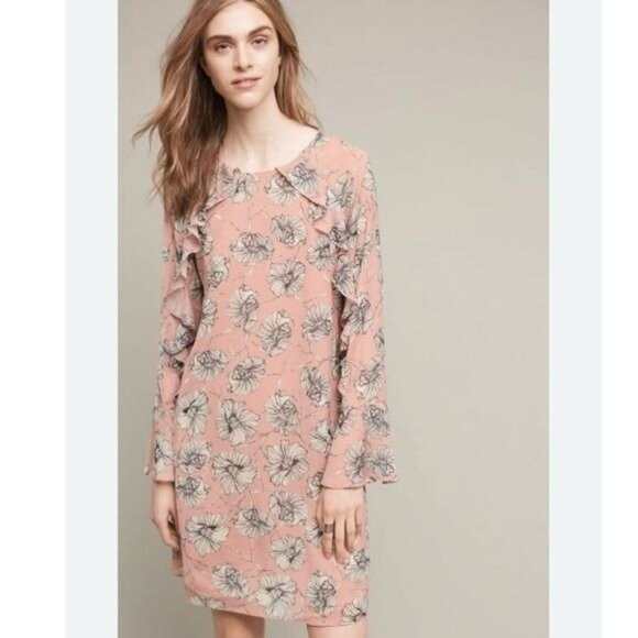 HD in Paris Anthropologie Floral Ruffle Bell Sleeves Pink Crepe Shift Dress S - Picture 1 of 7